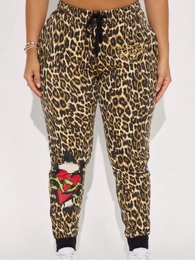 Ed Hardy Leopard Wide Leg Pants with Red & Green Heart Patch